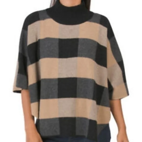 Note Di Anita Merino Wool Checkered Dolman Sleeve Mock Neck Poncho
